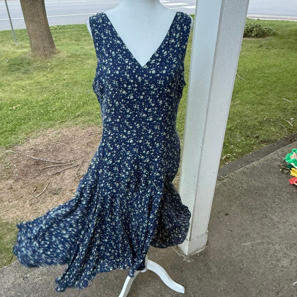 Polo Ralph Lauren Navy Blue Floral Flowy V-Neck Ruffle Hem Midi Dress Womens 14